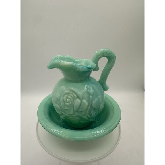 Vintage Avon Victoriana Pitcher Cruet Bowl Set Aqua Mint Blue Green Slag Glass - Picture 1 of 8